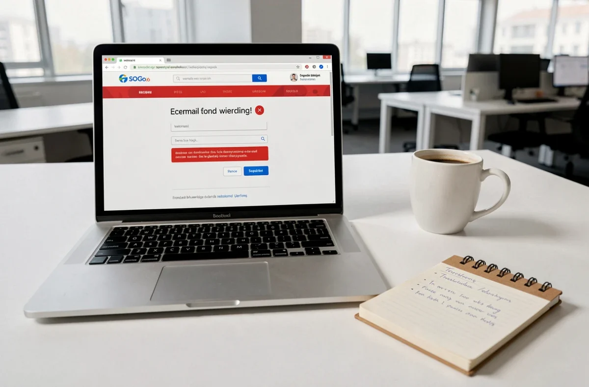 Ordinateur portable affichant une erreur de connexion SOGo avec des notes de dépannage manuscrites sur un bureau minimaliste