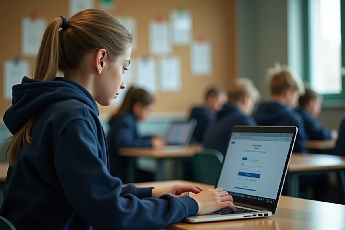 Élève collégienne connectée à l'ENT Paris Classe Numérique sur un ordinateur portable en salle de classe