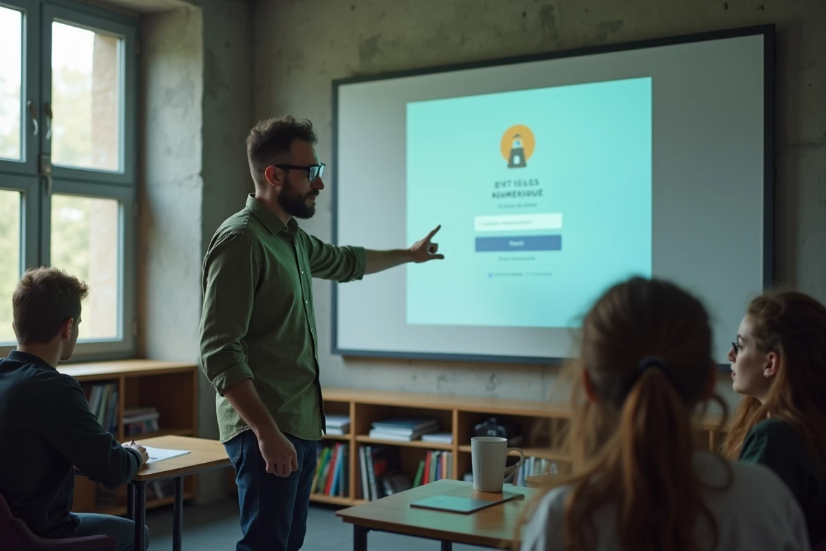 Enseignant présentant la procédure d'authentification ENT Paris Classe Numérique devant un tableau numérique interactif