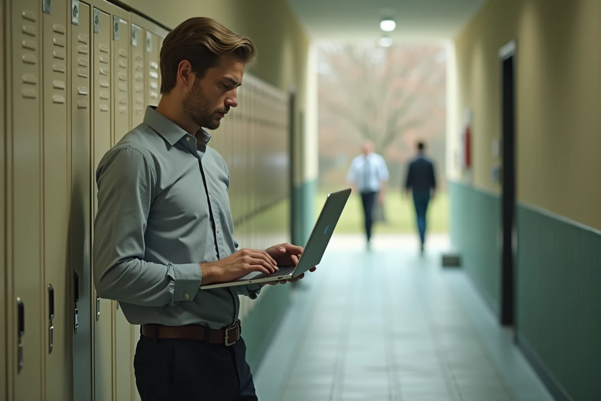 Jeune professeur consultant ses emails institutionnels DSDEN dans un couloir d'école lors de sa première affectation dans les Pyrénées-Atlantiques