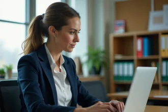 Enseignante consultant sa boîte mail académique de Nantes sur un ordinateur portable dans un bureau scolaire, illustrant la protection des données élèves et le respect du RGPD