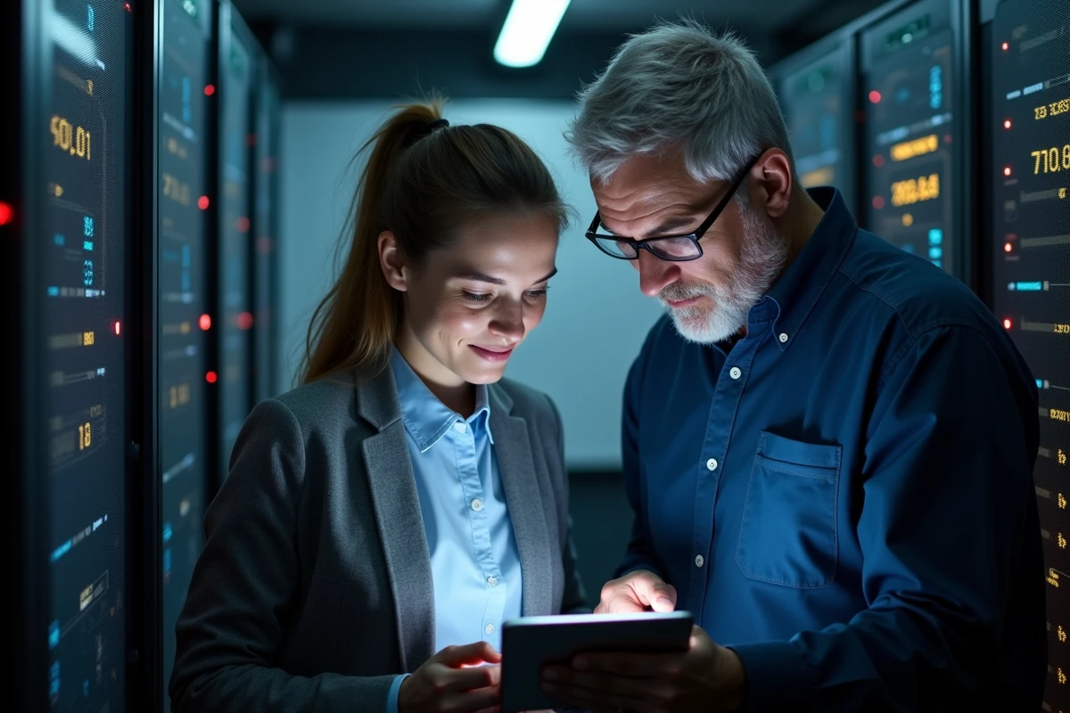Deux informaticiens consultant un tableau de bord de sécurité email sur tablette dans une salle serveur pour configurer la protection de la messagerie professionnelle