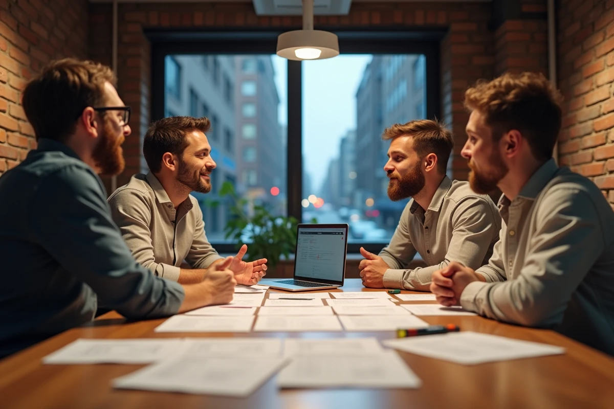 Une équipe produit discute de la priorisation des fonctionnalités autour d'une table couverte de user stories, dans une salle de réunion urbaine
