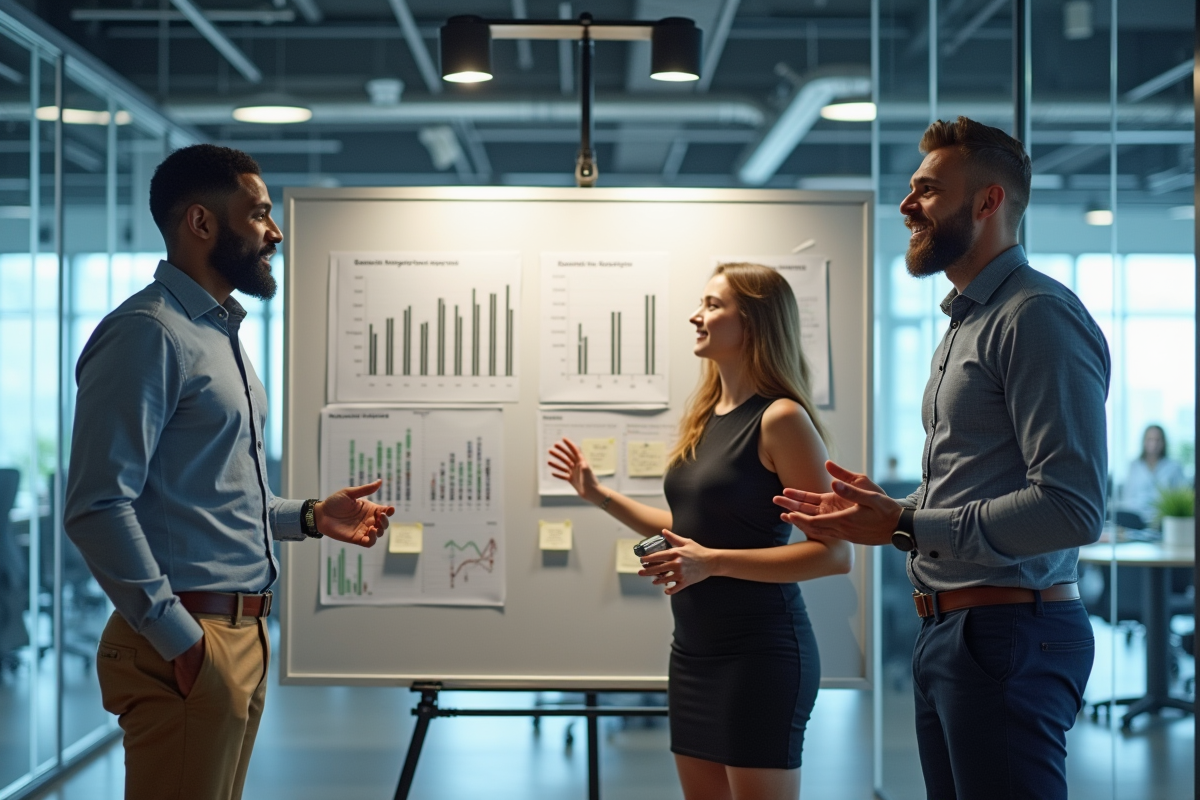 Groupe de professionnels discutant devant un tableau KPI