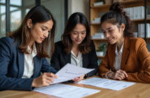 Groupe de professionnels discutant de données sensibles au bureau
