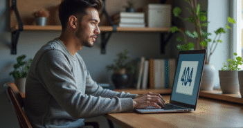 Jeune homme face à une erreur 404 sur son ordinateur
