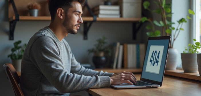 Jeune homme face à une erreur 404 sur son ordinateur