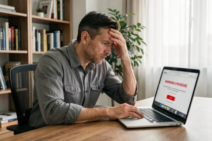 Homme frustré devant une erreur de connexion sur un webmail SOGo affiché sur son ordinateur portable