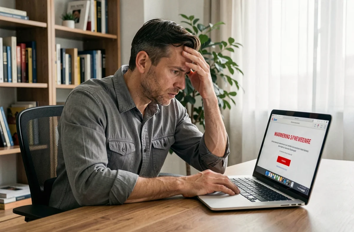 Homme frustré devant une erreur de connexion sur un webmail SOGo affiché sur son ordinateur portable