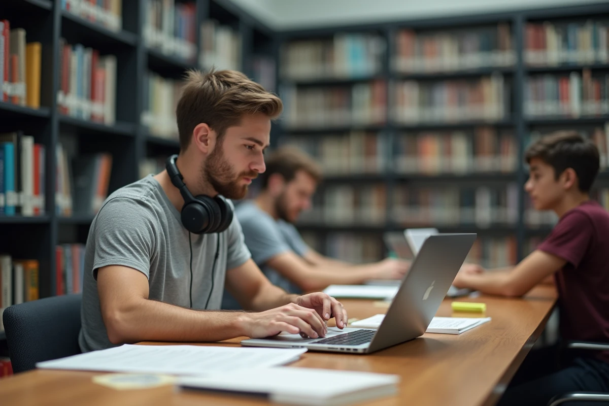 Étudiant utilisant un compteur de mots dans une bibliothèque universitaire pendant les partiels