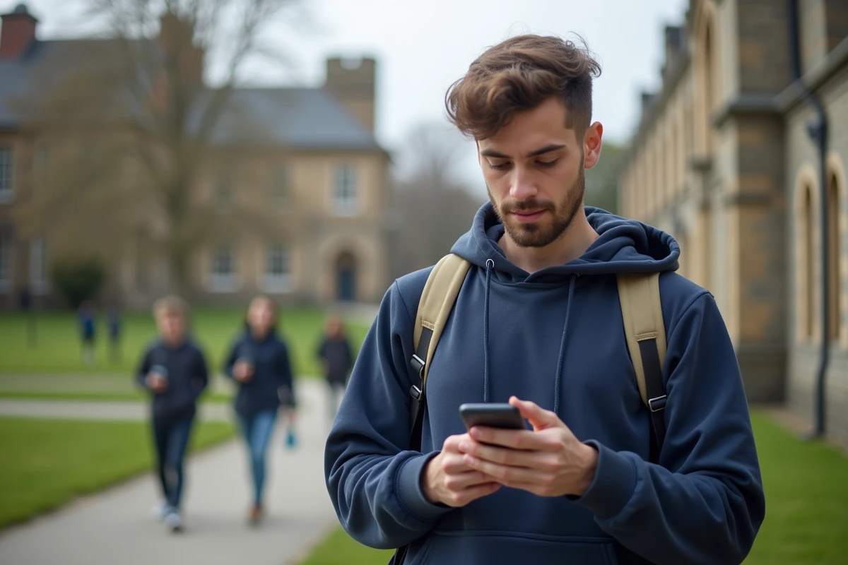Étudiant consultant l'ENT de l'Université de Montpellier sur son smartphone devant un bâtiment du campus lors de la rentrée