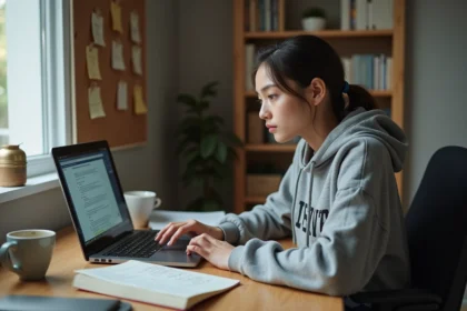 Étudiante concentrée devant un compteur de mots sur son ordinateur portable lors des révisions de partiels