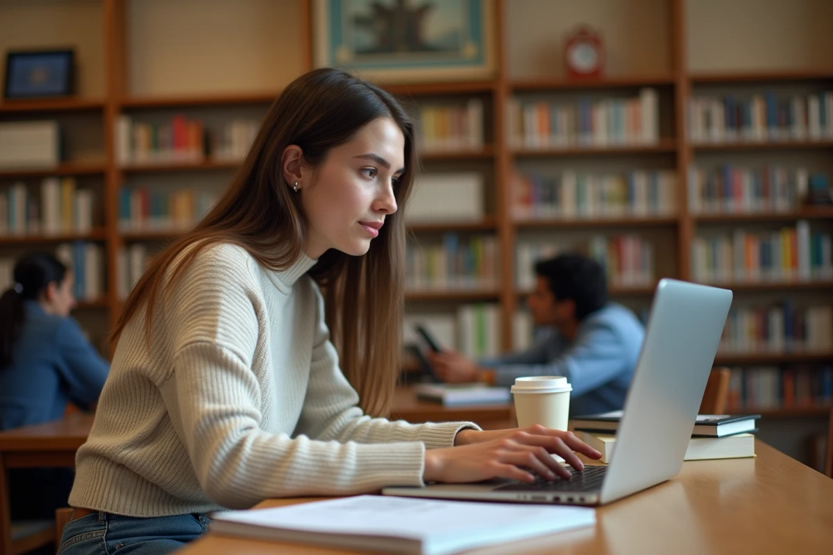 Étudiante de l'Université de Montpellier configurant ses outils numériques sur l'ENT depuis un ordinateur portable dans une bibliothèque universitaire