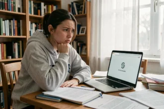 Étudiante frustrée devant un message d'erreur sur son ordinateur portable, portail Eservice UHA inaccessible
