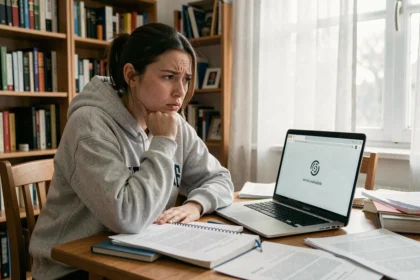 Étudiante frustrée devant un message d'erreur sur son ordinateur portable, portail Eservice UHA inaccessible