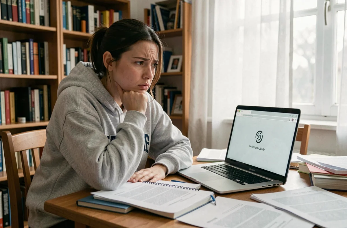 Étudiante frustrée devant un message d'erreur sur son ordinateur portable, portail Eservice UHA inaccessible