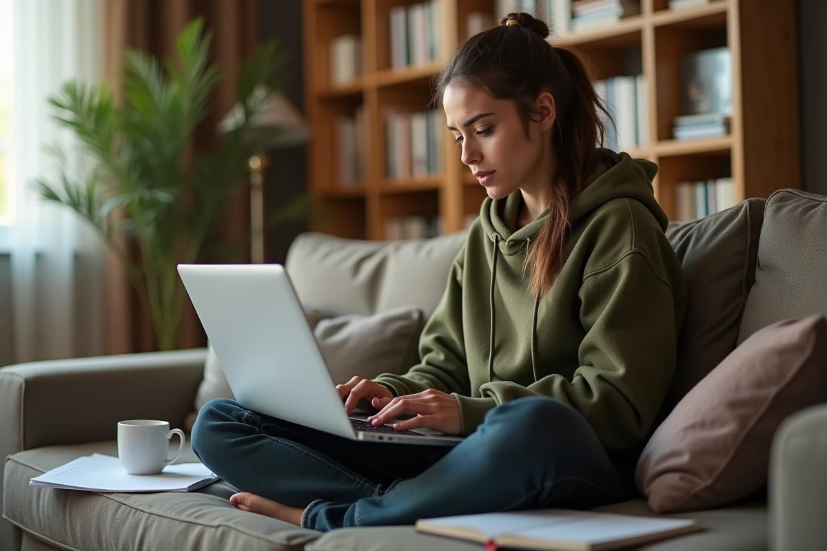 Étudiante corrigeant un bug de page blanche dans Word sur son canapé à la maison