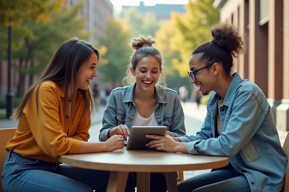 Groupe d etudiants discute autour d une tablette innovante