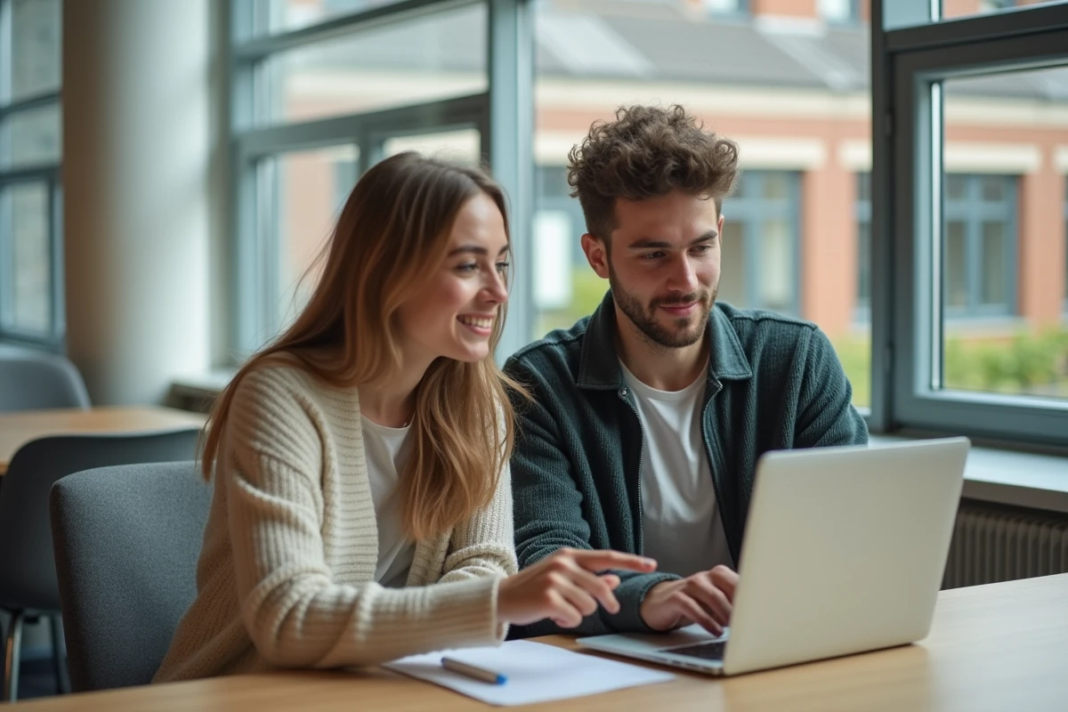 Deux étudiants de l'UM explorant ensemble les outils de l'ENT umontpellier sur un ordinateur portable dans un espace de travail collaboratif