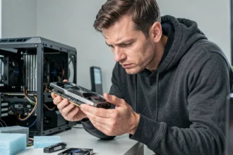 Homme tenant une carte graphique RTX haut de gamme avant achat, examinant attentivement le matériel informatique dans un bureau à domicile