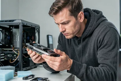 Homme tenant une carte graphique RTX haut de gamme avant achat, examinant attentivement le matériel informatique dans un bureau à domicile