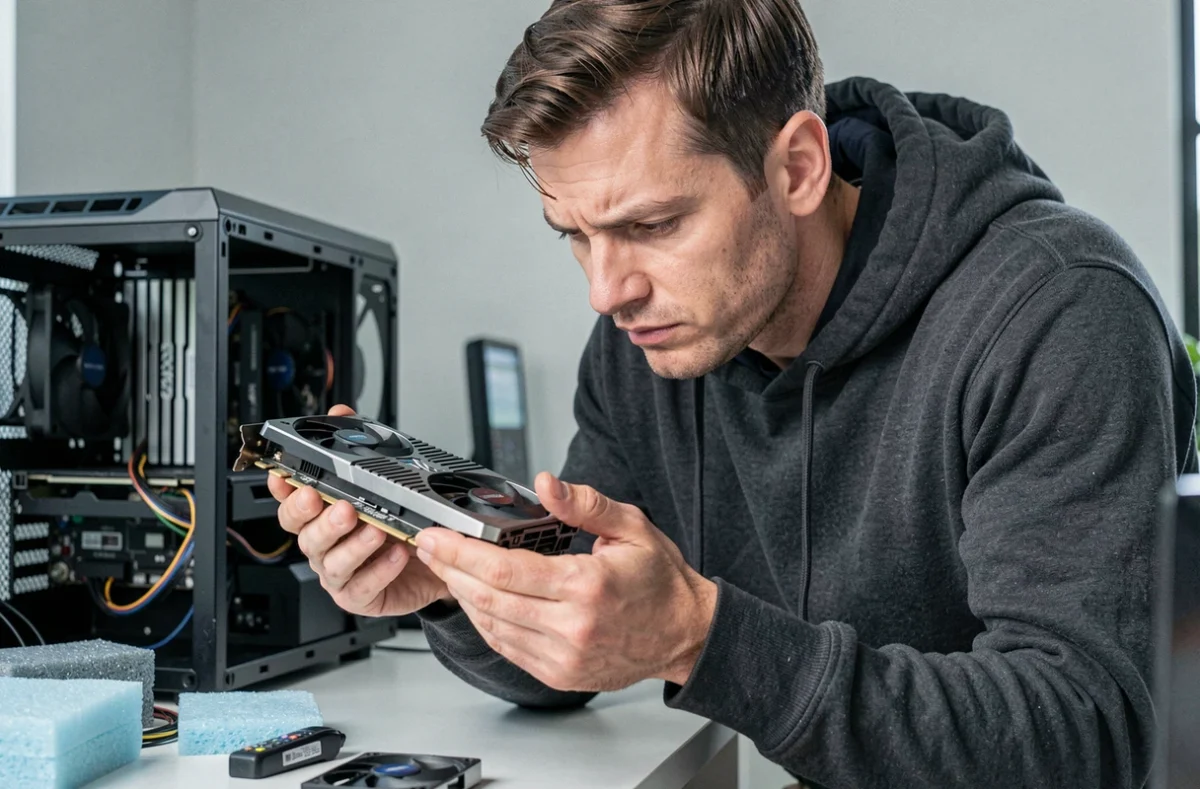 Homme tenant une carte graphique RTX haut de gamme avant achat, examinant attentivement le matériel informatique dans un bureau à domicile