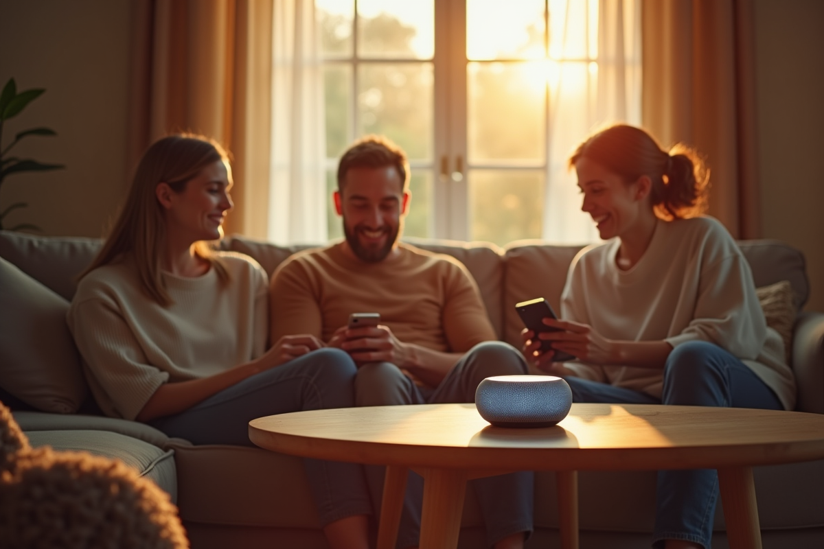 Famille dans un salon cosy utilisant un assistant vocal