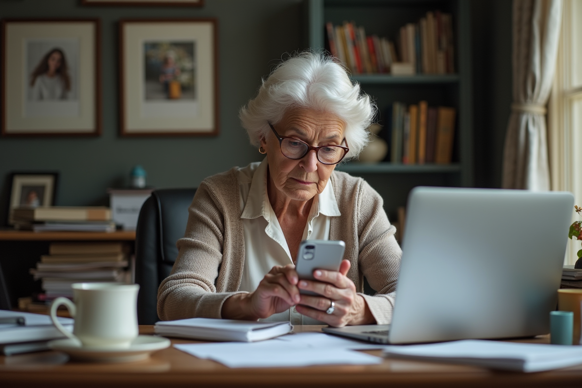 Femme âgée regardant un site avec erreur 404 sur son smartphone