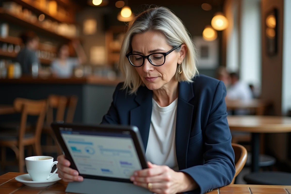 Femme d'affaires consultant un compteur de caractères en ligne sur tablette dans un café