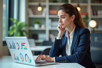 Femme d affaires analysant des graphiques KPI sur son ordinateur