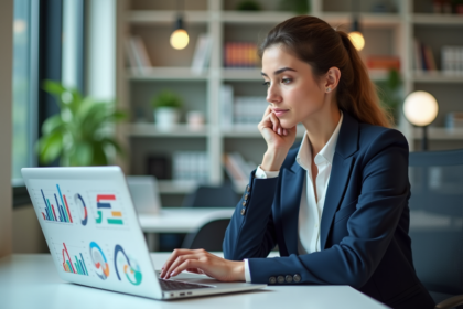 Femme d affaires analysant des graphiques KPI sur son ordinateur