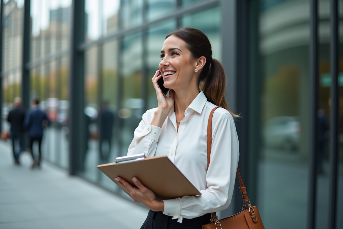 Femme d affaires parlant au téléphone devant un bâtiment de bureau