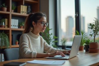 Femme analysant des données sur un ordinateur dans un bureau moderne