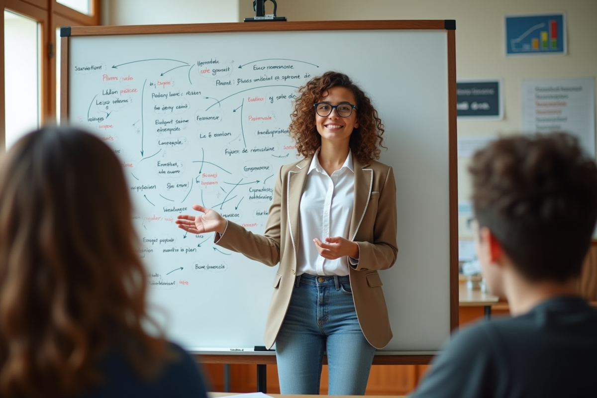 Jeune femme expliquant l analyse sémantique devant un tableau blanc