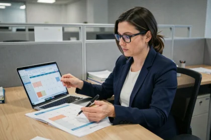 Femme analyste consultant un calendrier imprimé et un tableur Excel pour calculer des différences de dates historiques au bureau