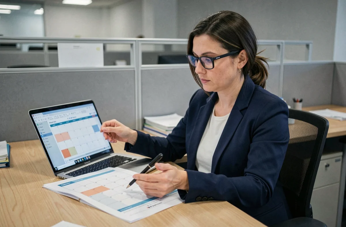 Femme analyste consultant un calendrier imprimé et un tableur Excel pour calculer des différences de dates historiques au bureau
