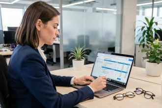 Femme professionnelle consultant une fiche de paie dématérialisée sur ordinateur portable dans un bureau moderne