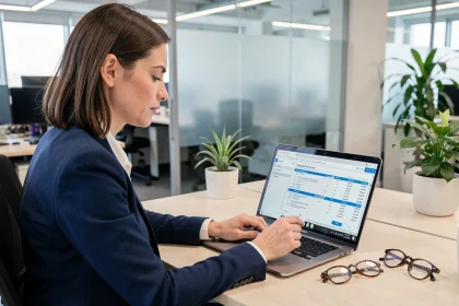 Femme professionnelle consultant une fiche de paie dématérialisée sur ordinateur portable dans un bureau moderne