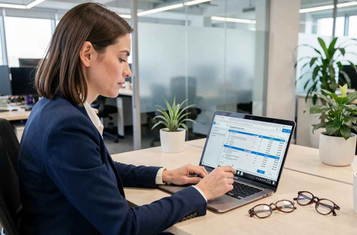 Femme professionnelle consultant une fiche de paie dématérialisée sur ordinateur portable dans un bureau moderne