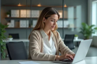 Femme au bureau vérifiant ses emails sur un ordinateur