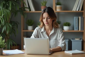 Femme d'âge moyen travaillant sur son ordinateur dans un bureau moderne