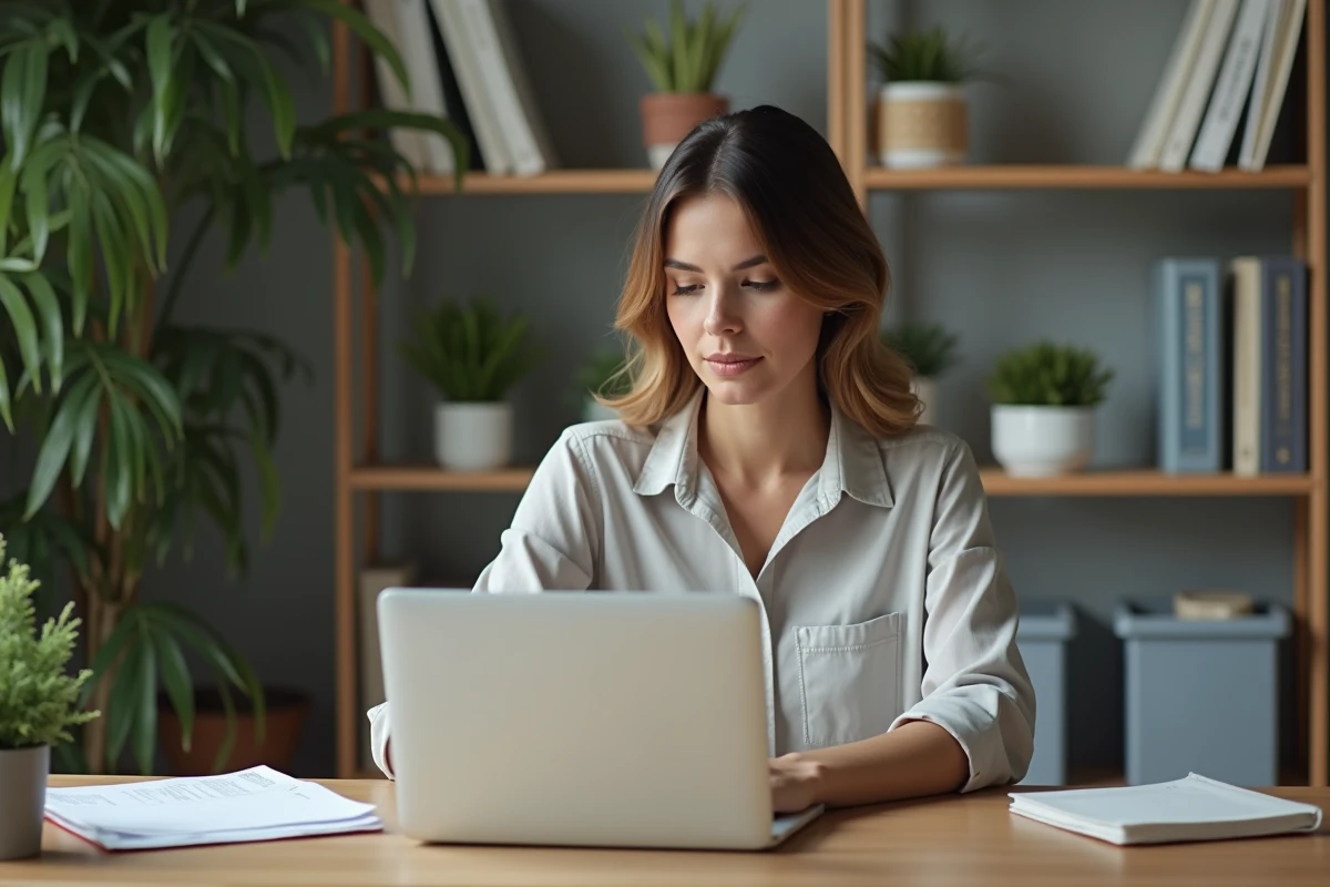 Femme d'âge moyen travaillant sur son ordinateur dans un bureau moderne