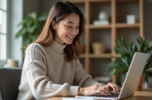 Femme travaillant sur un ordinateur dans un bureau lumineux
