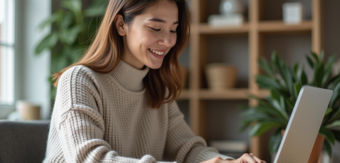 Femme travaillant sur un ordinateur dans un bureau lumineux