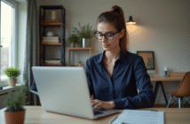 Femme au bureau vérifiant un PDF sur son ordinateur portable