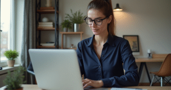 Femme au bureau vérifiant un PDF sur son ordinateur portable