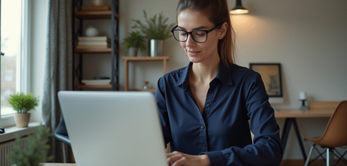 Femme au bureau vérifiant un PDF sur son ordinateur portable