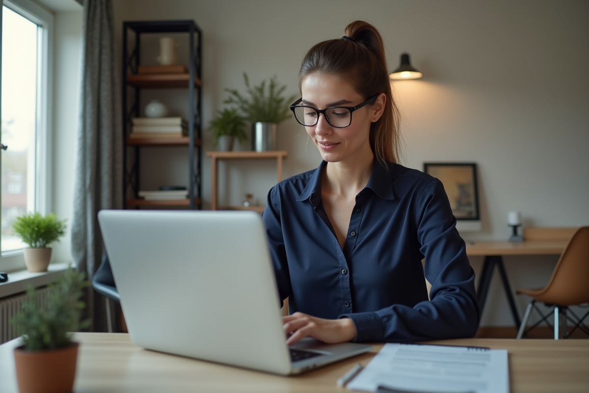 Femme au bureau vérifiant un PDF sur son ordinateur portable