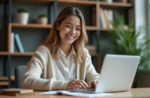 Jeune femme en bureau lisant à l'écran de son ordinateur
