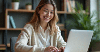 Jeune femme en bureau lisant à l'écran de son ordinateur